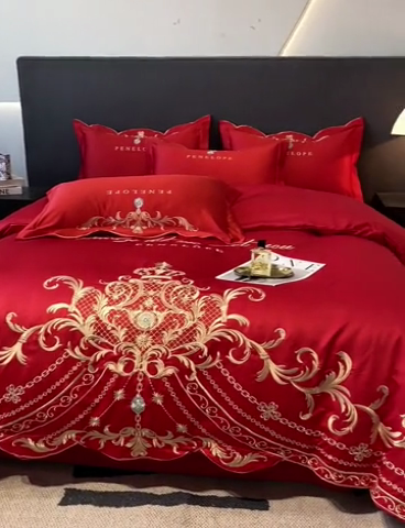 91家纺网 家纺一手货源 找家纺 欧乐蒂 2025新款欧式水洗贡缎全棉刺绣四件套-欧雅终版 酒红