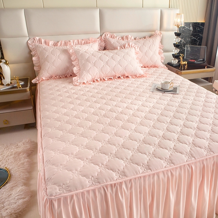 91家纺网 家纺一手货源 找家纺 忘忧草 2024新款亲肤磨毛夹棉床裙 佳人-丽人粉