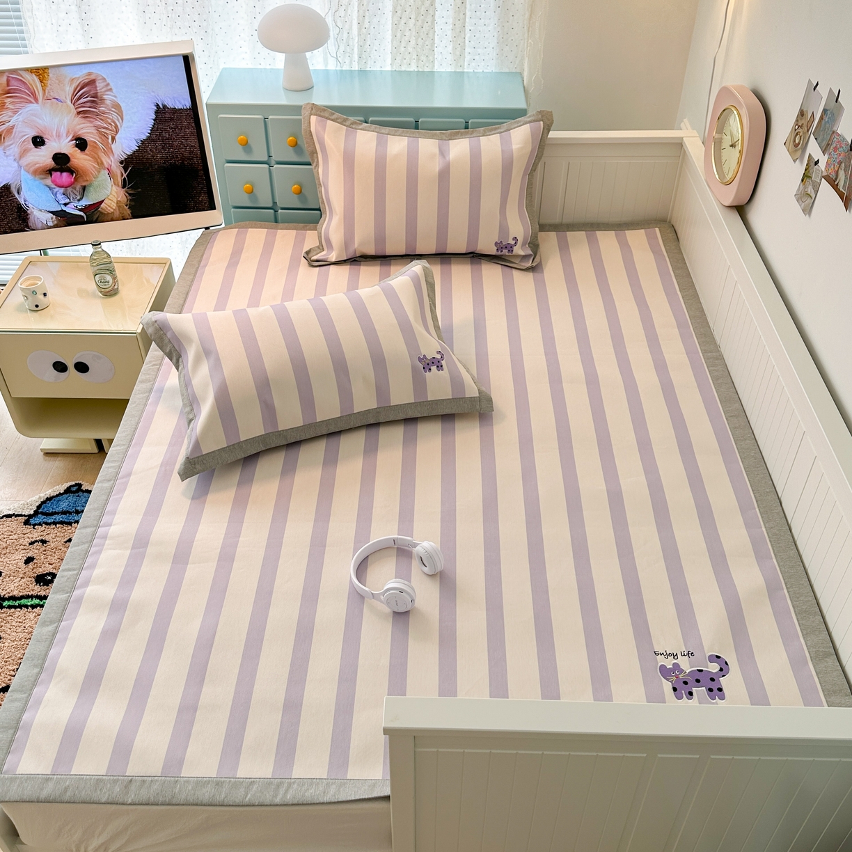 91家纺网 家纺一手货源 找家纺 昔可家纺 2024新款印花绣花冰丝席平席款 波点紫猫