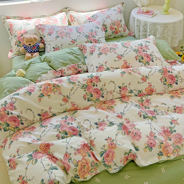 91家纺网 家纺一手货源 找家纺 暖芯优选 204新款直播爆款全棉-ins印花系列四件套纯棉三件套床单床笠 玫瑰花藤