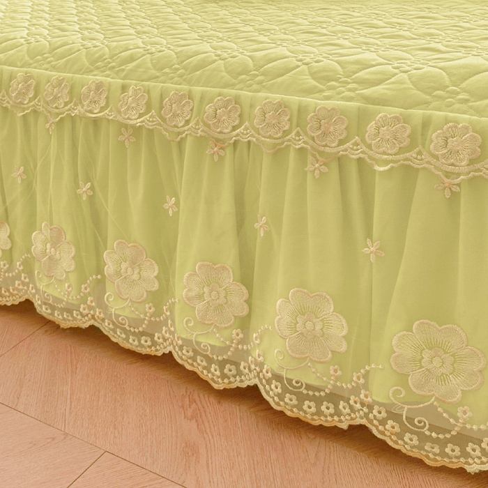 91家纺网 家纺一手货源 找家纺 罗艺轩 2024新款公主风水洗棉夹棉床裙款四件套-浪漫满屋床 浪漫满屋-元气绿