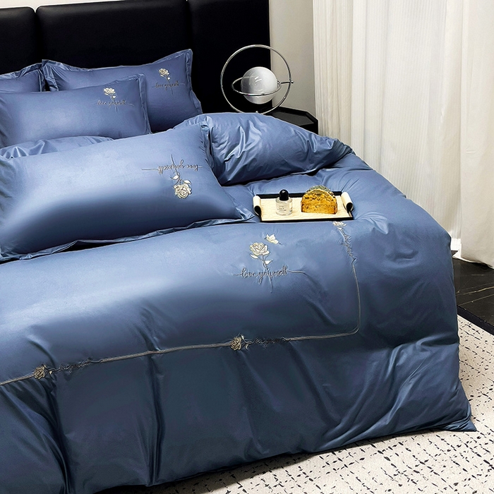 91家纺网 家纺一手货源 找家纺 宜家坊 2024春夏新品水洗天丝棉轻奢刺绣四件套水洗真丝冰丝-芸伊 蓝