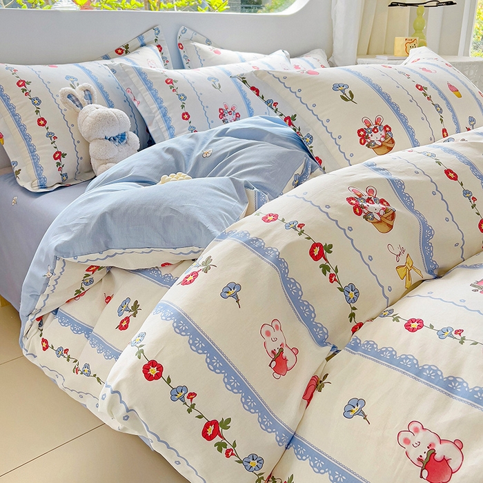 91家纺网 家纺一手货源 找家纺 暖芯优选 204新款直播爆款全棉-ins印花系列四件套纯棉三件套床单床笠 花篮小兔