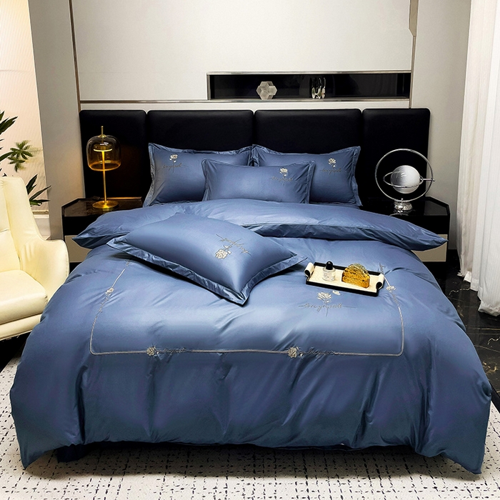 91家纺网 家纺一手货源 找家纺 宜家坊 2024春夏新品水洗天丝棉轻奢刺绣四件套水洗真丝冰丝-芸伊 蓝