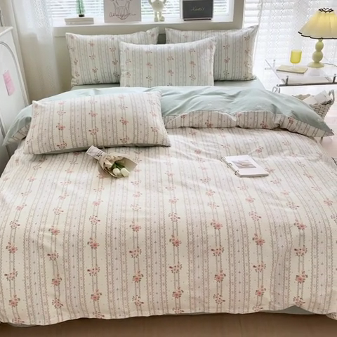 91家纺网 家纺一手货源 找家纺 清雅福 2024新款全棉13372小清新四件套和单品系列第四季 彩娜日记