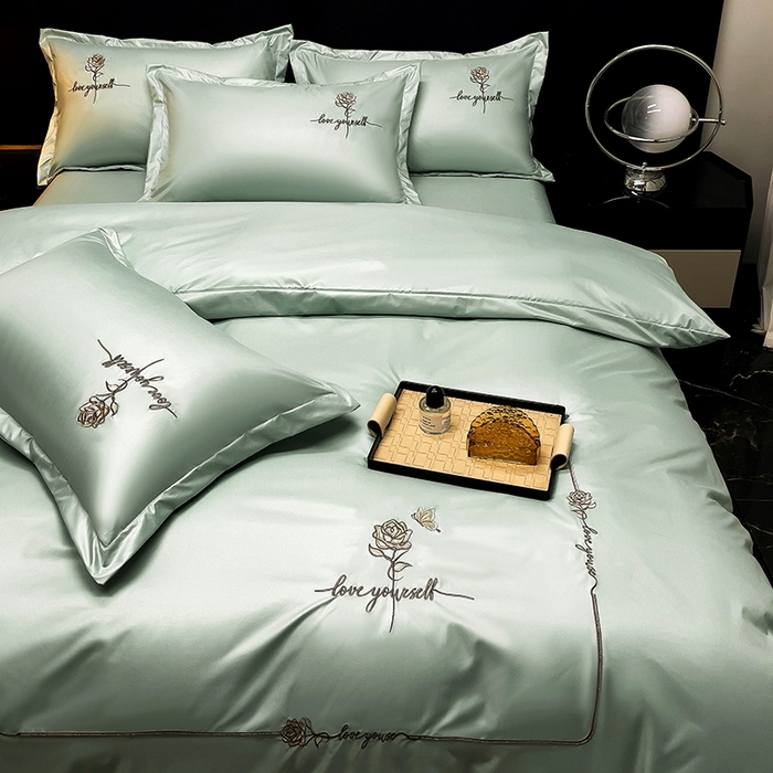 91家纺网 家纺一手货源 找家纺 宜家坊 2024春夏新品水洗天丝棉轻奢刺绣四件套水洗真丝冰丝-芸伊 绿