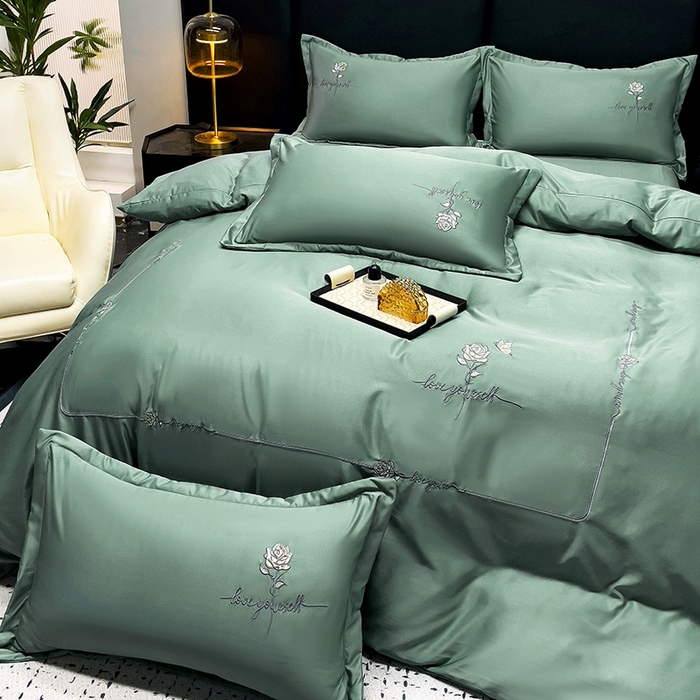 91家纺网 家纺一手货源 找家纺 宜家坊 2024春夏新品水洗天丝棉轻奢刺绣四件套水洗真丝冰丝-芸伊 宝绿