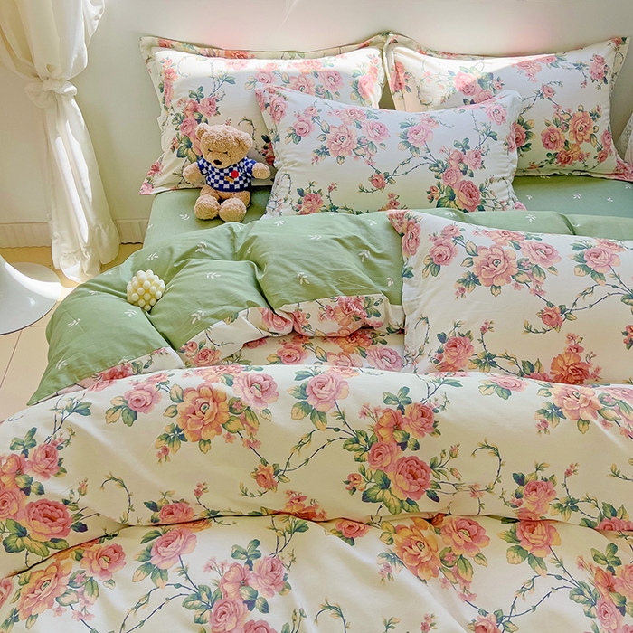 91家纺网 家纺一手货源 找家纺 暖芯优选 204新款直播爆款全棉-ins印花系列四件套纯棉三件套床单床笠 玫瑰花藤