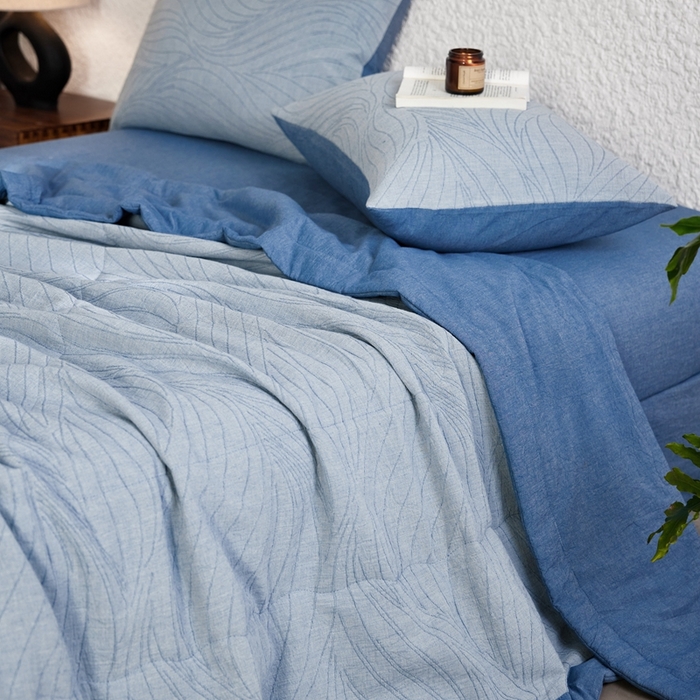 91家纺网 家纺一手货源 找家纺 2024新款色织双层纱提花波浪三系列夏被及夏被四件套--乱纹波浪 乱纹-深蓝