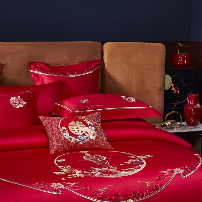 91家纺网 家纺一手货源 找家纺 高大尚婚庆馆 2025新款60s长绒棉轻奢（床裙款）婚庆四件套 为爱盛开