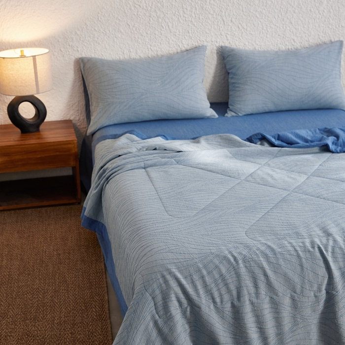 91家纺网 家纺一手货源 找家纺 2024新款色织双层纱提花波浪三系列夏被及夏被四件套--乱纹波浪 乱纹-深蓝