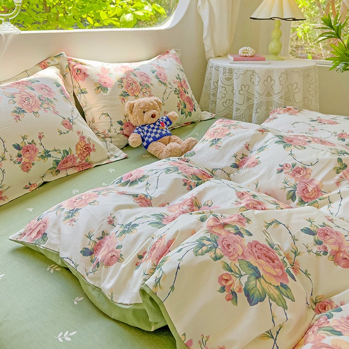 91家纺网 家纺一手货源 找家纺 暖芯优选 204新款直播爆款全棉-ins印花系列四件套纯棉三件套床单床笠 玫瑰花藤