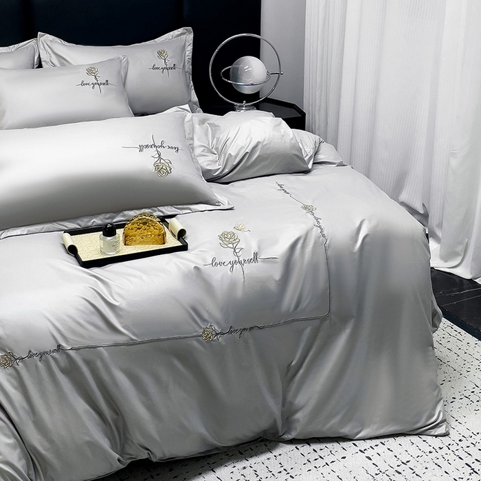 91家纺网 家纺一手货源 找家纺 宜家坊 2024春夏新品水洗天丝棉轻奢刺绣四件套水洗真丝冰丝-芸伊 灰