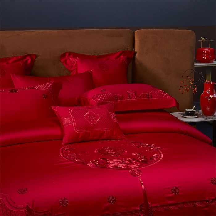 91家纺网 家纺一手货源 找家纺 高大尚婚庆馆 2025新款60s长绒棉轻奢（床裙款）婚庆四件套 美满团圆（红）