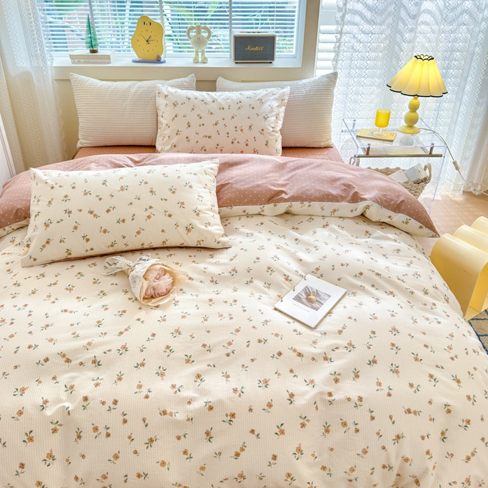 91家纺网 家纺一手货源 找家纺 清雅福 2024新款全棉13372小清新四件套和单品系列第四季 颜夕咖