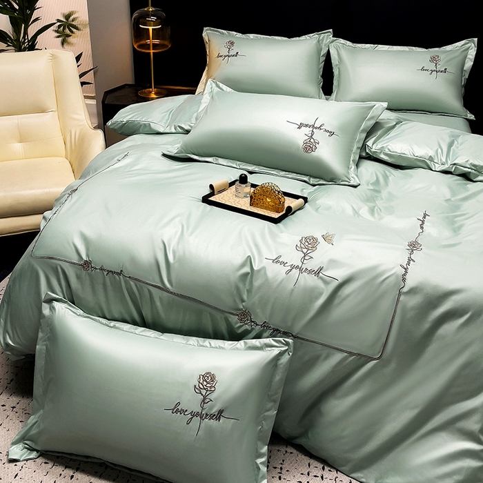 91家纺网 家纺一手货源 找家纺 宜家坊 2024春夏新品水洗天丝棉轻奢刺绣四件套水洗真丝冰丝-芸伊 绿