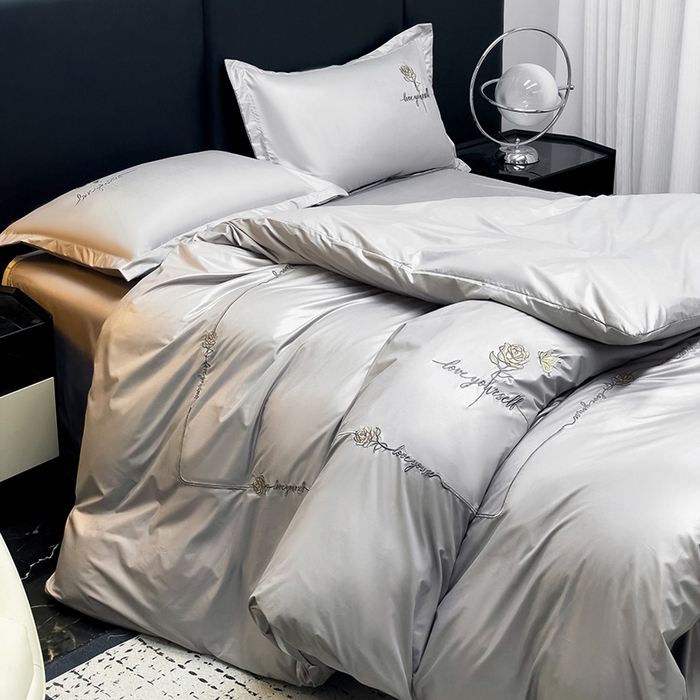 91家纺网 家纺一手货源 找家纺 宜家坊 2024春夏新品水洗天丝棉轻奢刺绣四件套水洗真丝冰丝-芸伊 灰