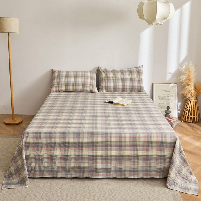 91家纺网 家纺一手货源 找家纺 雅萱家纺 2024新款雅萱-色织全棉水洗棉床单 床单-日和-绿棕格