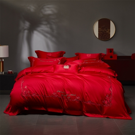 高大尚婚庆馆 2025新款60s长绒棉轻奢（床裙款）婚庆四件套 真爱相随（红）