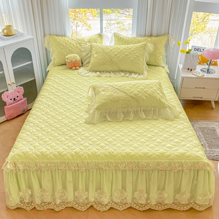 91家纺网 家纺一手货源 找家纺 罗艺轩 2024新款公主风水洗棉夹棉单床裙-浪漫满屋床 浪漫满屋-元气绿