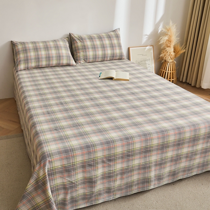 91家纺网 家纺一手货源 找家纺 雅萱家纺 2024新款雅萱-色织全棉水洗棉床单 床单-日和-绿棕格