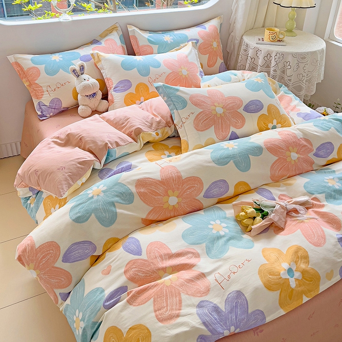 91家纺网 家纺一手货源 找家纺 暖芯优选 204新款直播爆款全棉-ins印花系列四件套纯棉三件套床单床笠 花恬梦