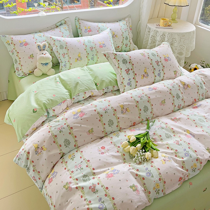 91家纺网 家纺一手货源 找家纺 暖芯优选 204新款直播爆款全棉-ins印花系列四件套纯棉三件套床单床笠 恋爱小兔