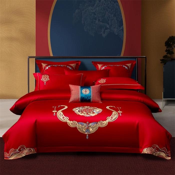 91家纺网 家纺一手货源 找家纺 高大尚婚庆馆 2025新款60s长绒棉轻奢（床裙款）婚庆四件套 龙凤贺彩