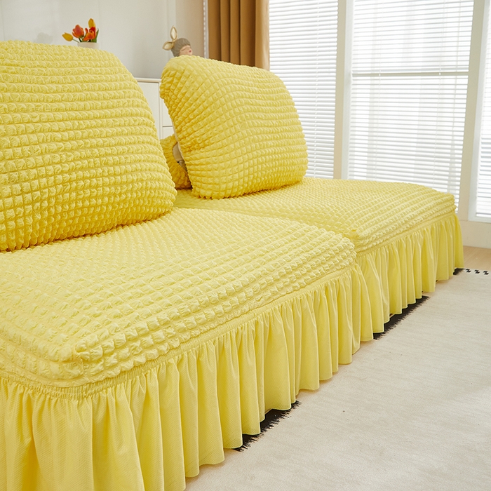 91家纺网 家纺一手货源 找家纺 丝绮鹿 2024新款模块方块沙发套系列-爆米花裙边系列 柠檬黄