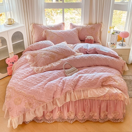 罗艺轩 2024新款公主风水洗棉夹棉床裙款四件套-浪漫满屋床 浪漫满屋-豆沙