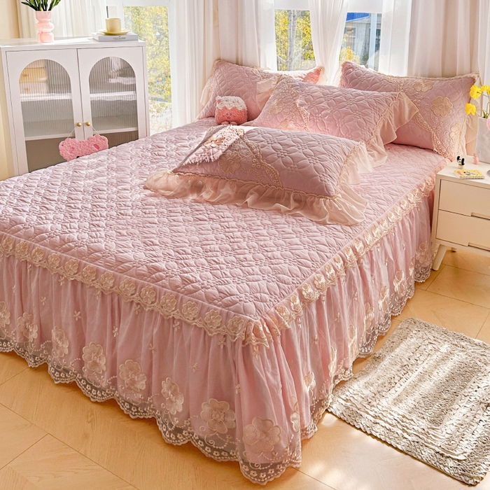 91家纺网 家纺一手货源 找家纺 罗艺轩 2024新款公主风水洗棉夹棉床裙款四件套-浪漫满屋床 浪漫满屋-豆沙