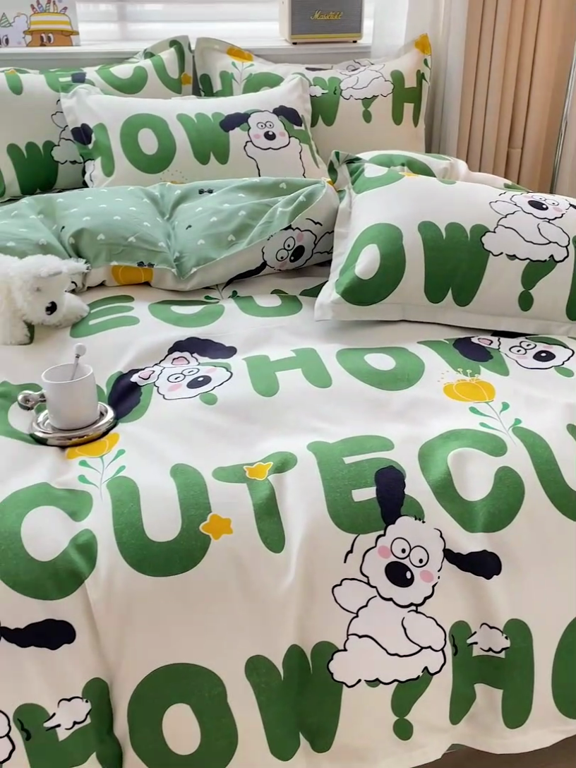 91家纺网 家纺一手货源 找家纺 优逸家纺 2025新款植物羊绒小清新斜纹磨毛四件套 皮皮狗