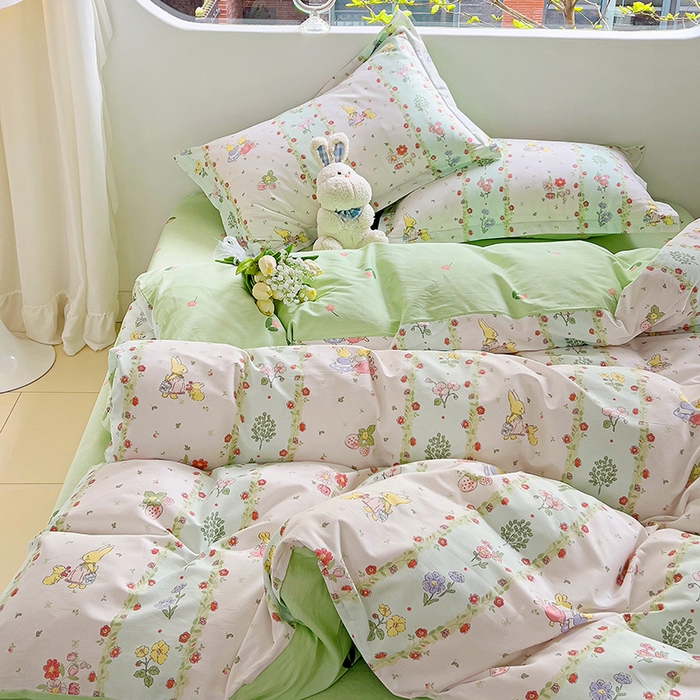 91家纺网 家纺一手货源 找家纺 暖芯优选 204新款直播爆款全棉-ins印花系列四件套纯棉三件套床单床笠 恋爱小兔