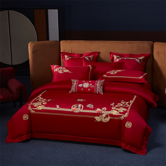 91家纺网 家纺一手货源 找家纺 高大尚婚庆馆 2025新款60s长绒棉轻奢（床裙款）婚庆四件套 多子多福