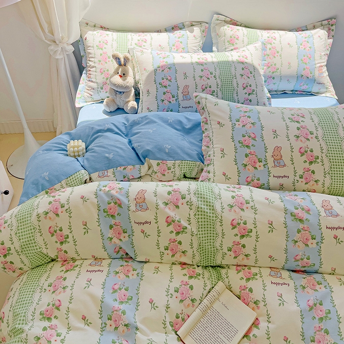 91家纺网 家纺一手货源 找家纺 暖芯优选 204新款直播爆款全棉-ins印花系列四件套纯棉三件套床单床笠 蔷薇花语