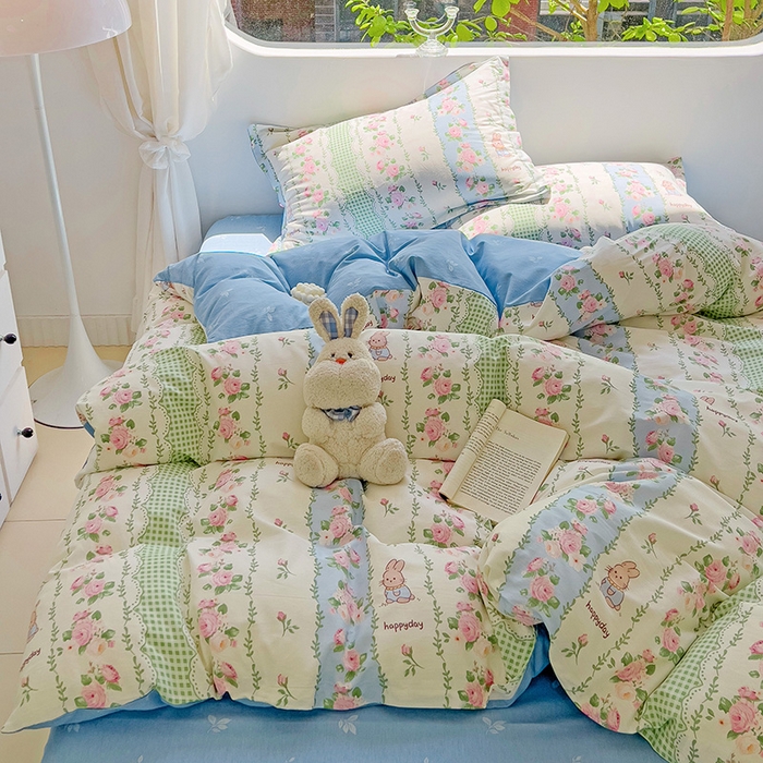 91家纺网 家纺一手货源 找家纺 暖芯优选 204新款直播爆款全棉-ins印花系列四件套纯棉三件套床单床笠 蔷薇花语