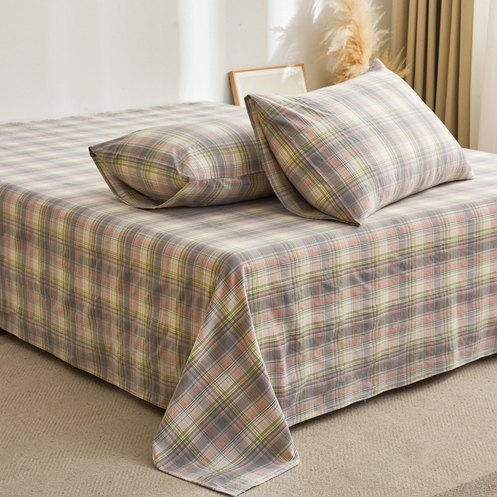 91家纺网 家纺一手货源 找家纺 雅萱家纺 2024新款雅萱-色织全棉水洗棉床单 床单-日和-绿棕格