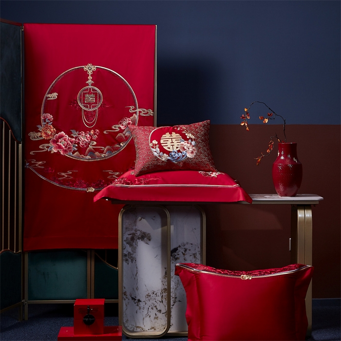 91家纺网 家纺一手货源 找家纺 高大尚婚庆馆 2025新款60s长绒棉轻奢（床裙款）婚庆四件套 为爱盛开