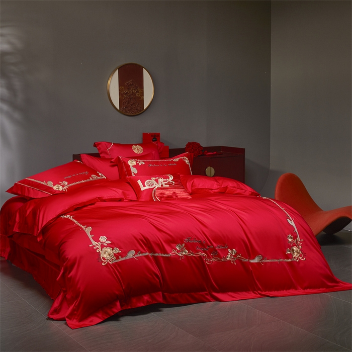 91家纺网 家纺一手货源 找家纺 高大尚婚庆馆 2025新款60s长绒棉轻奢（床裙款）婚庆四件套 真爱相随（金）