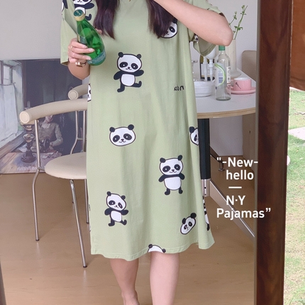 纽约生活 2024新款针织棉短袖裙 绿熊猫