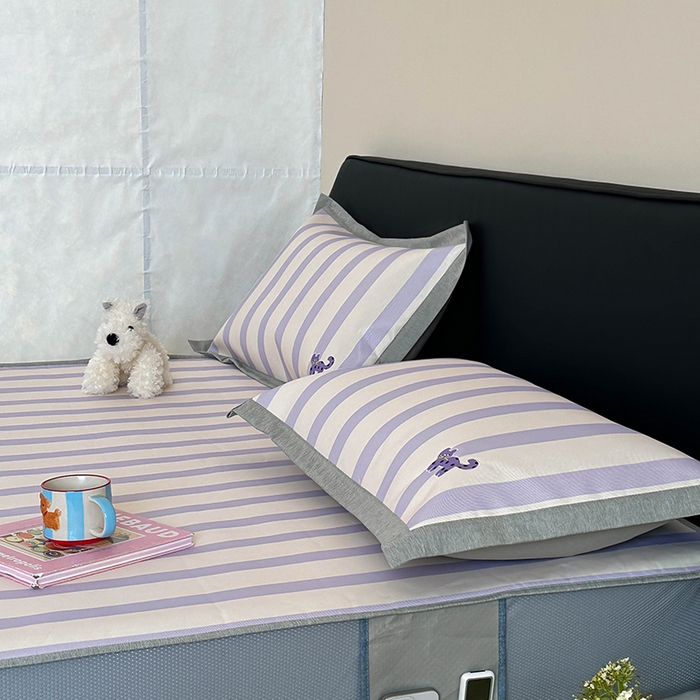 91家纺网 家纺一手货源 找家纺 昔可家纺 2024新款数码印花刺绣床笠款冰丝席 波点紫猫