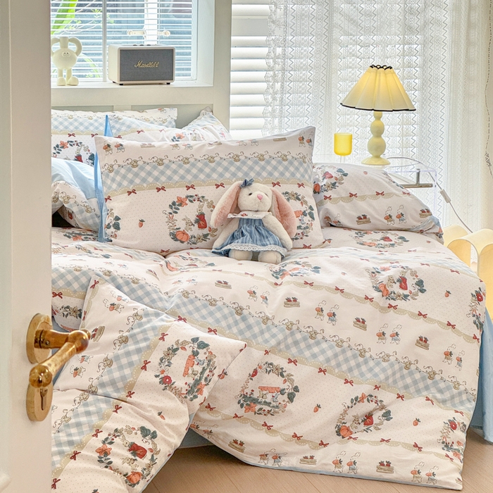 91家纺网 家纺一手货源 找家纺 清雅福 2024新款全棉13372小清新四件套和单品系列第四季 维西兔