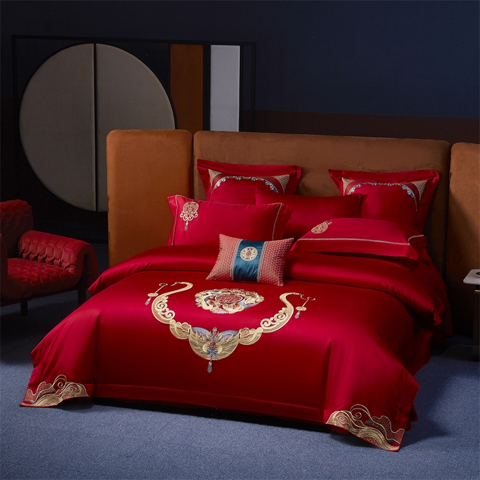 91家纺网 家纺一手货源 找家纺 高大尚婚庆馆 2025新款60s长绒棉轻奢（床裙款）婚庆四件套 龙凤贺彩