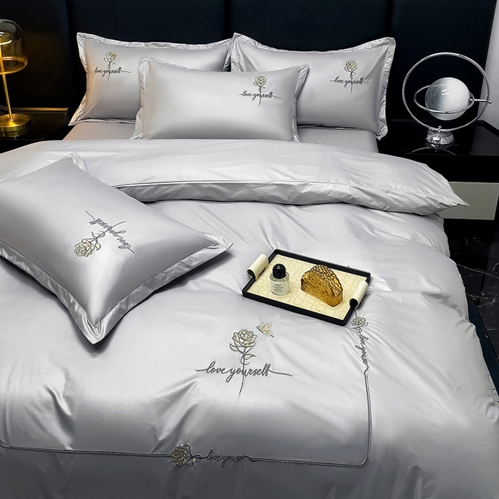 91家纺网 家纺一手货源 找家纺 宜家坊 2024春夏新品水洗天丝棉轻奢刺绣四件套水洗真丝冰丝-芸伊 灰