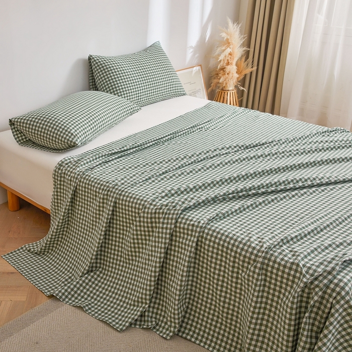 91家纺网 家纺一手货源 找家纺 雅萱家纺 2024新款雅萱-色织全棉水洗棉床单 床单-小格-绿