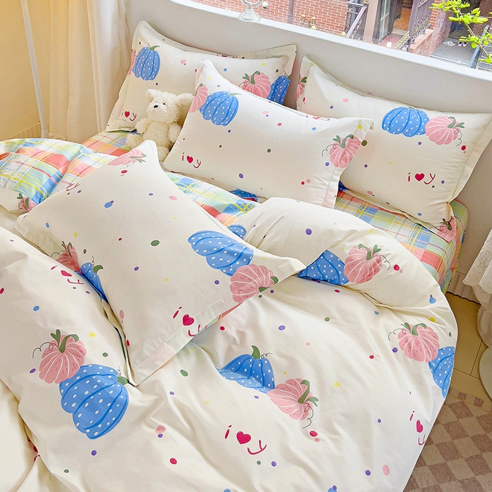 91家纺网 家纺一手货源 找家纺 暖芯优选 204新款直播爆款全棉-ins印花系列四件套纯棉三件套床单床笠 奶油南瓜