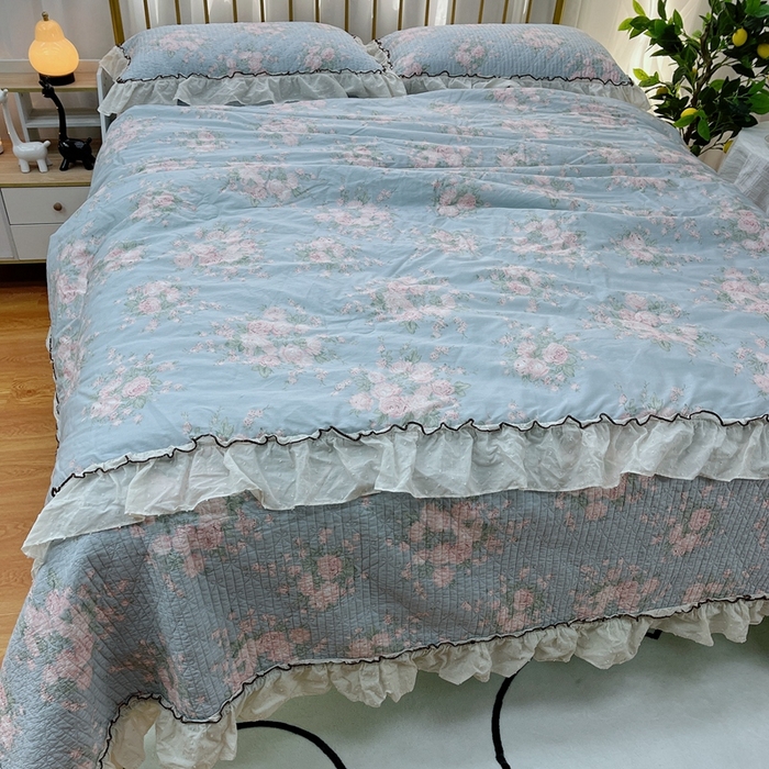 91家纺网 家纺一手货源 找家纺 暖居 2024新款韩系大花边夏被床盖四件套可机洗+同款纯棉被套 春歌