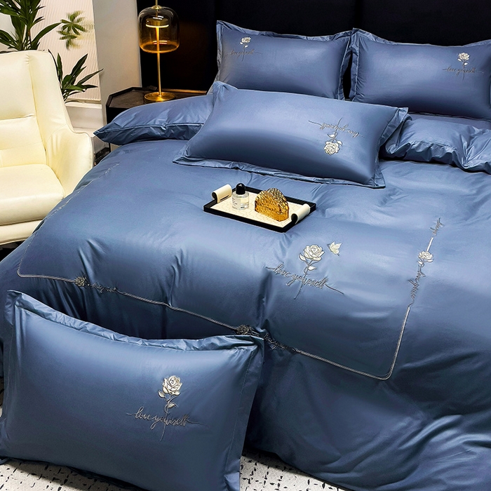 91家纺网 家纺一手货源 找家纺 宜家坊 2024春夏新品水洗天丝棉轻奢刺绣四件套水洗真丝冰丝-芸伊 蓝