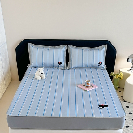 昔可家纺 2024新款数码印花刺绣床笠款冰丝席 蓝条小象