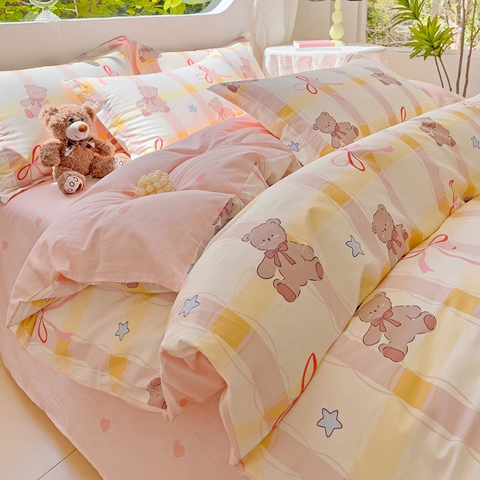 91家纺网 家纺一手货源 找家纺 暖芯优选 204新款直播爆款全棉-ins印花系列四件套纯棉三件套床单床笠 布偶熊